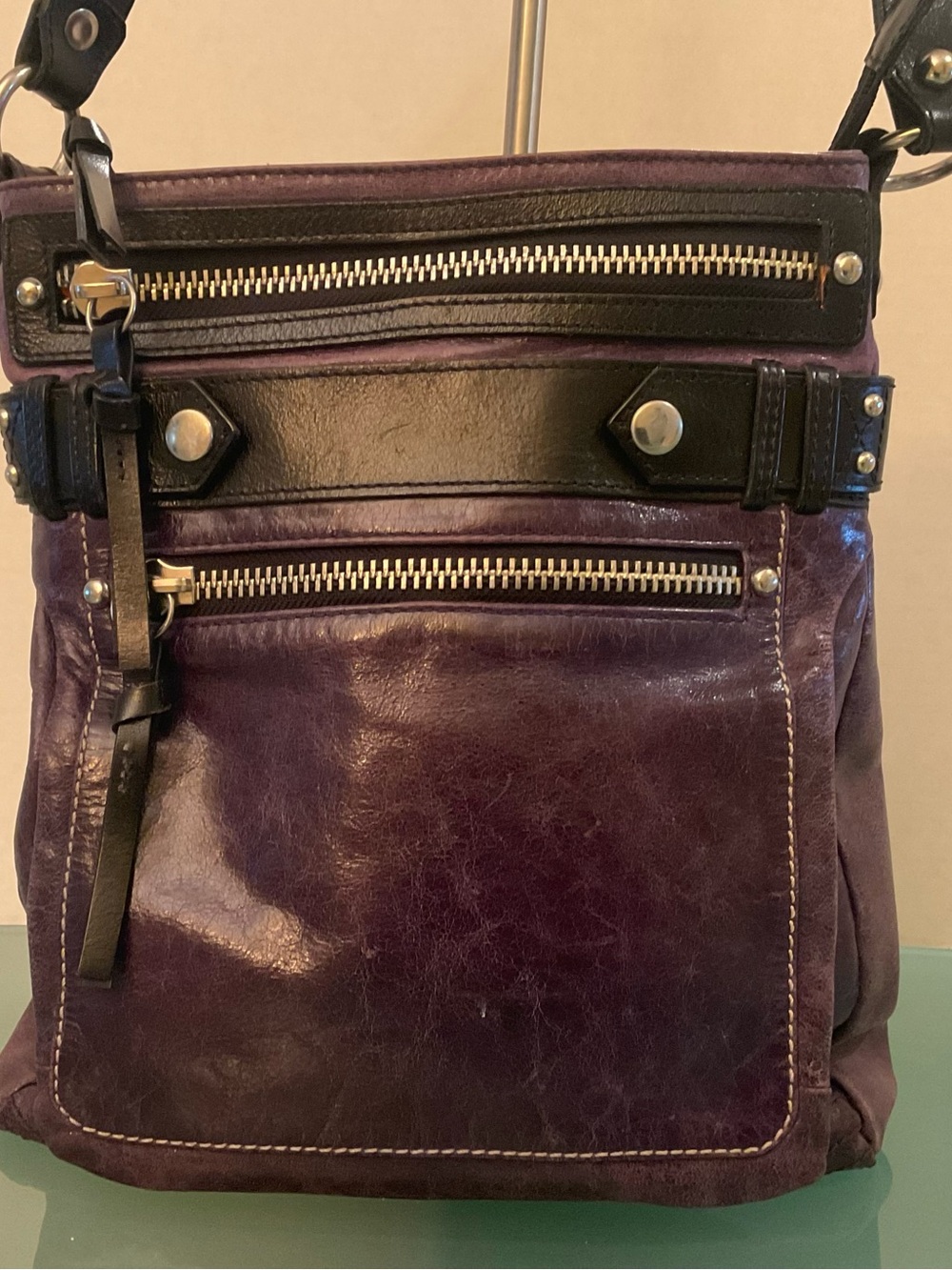 TANO POLISHED PURPLE LEATHER CROSSBODY WITH BLACK TRIM JOINTED CROSSBODY STRAP - Picture 7 of 15